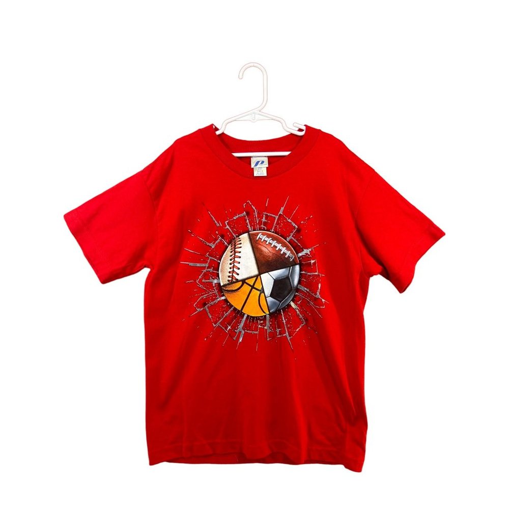 Pro Spirit Boys 4-Sport T-Shirt Red Short Sleeve Top EUC Size M (8/10)